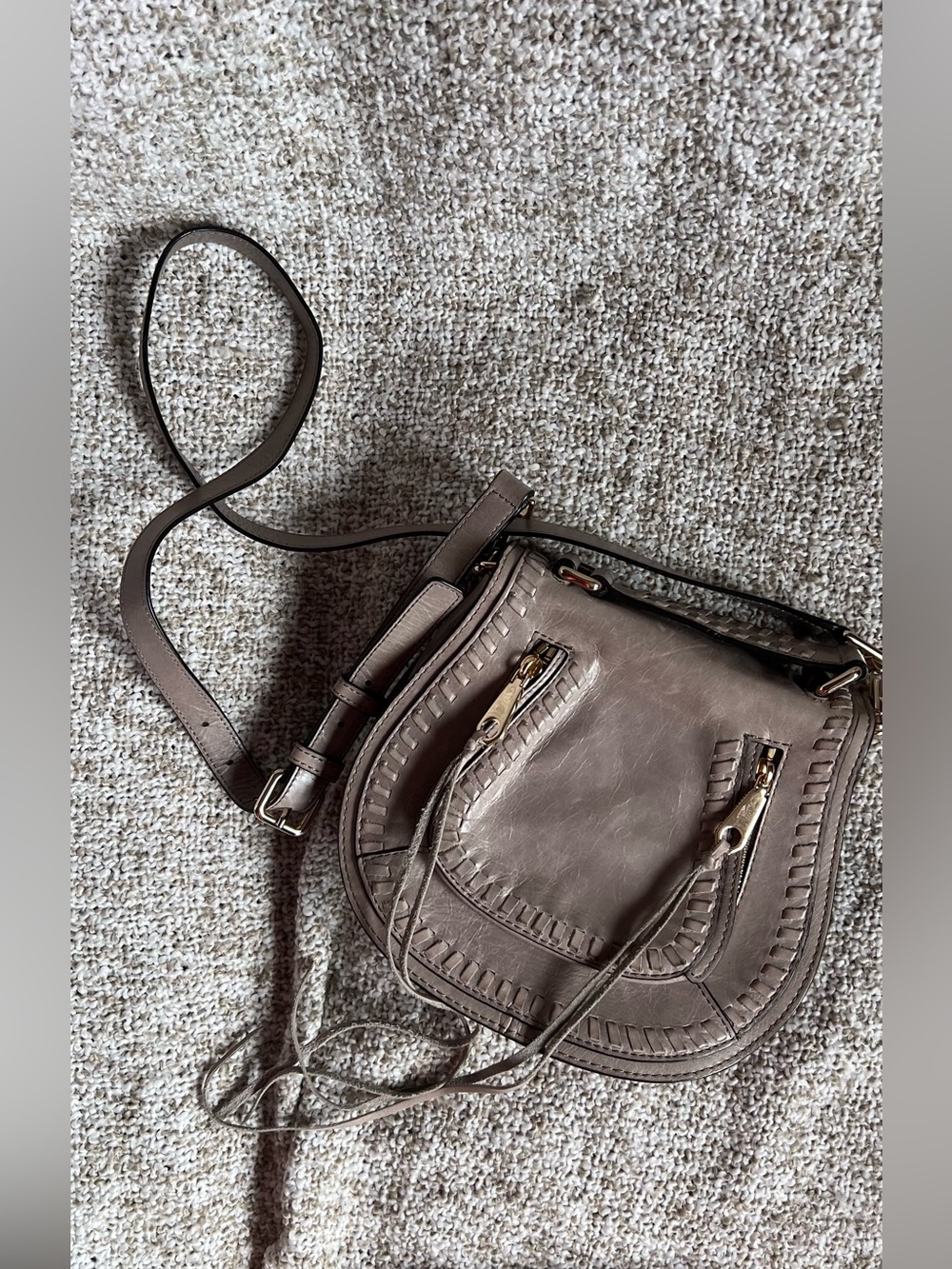Rebecca Minkoff Vanina Leather Saddle Bag – Taupe / Grey Whipstitch Crossbody